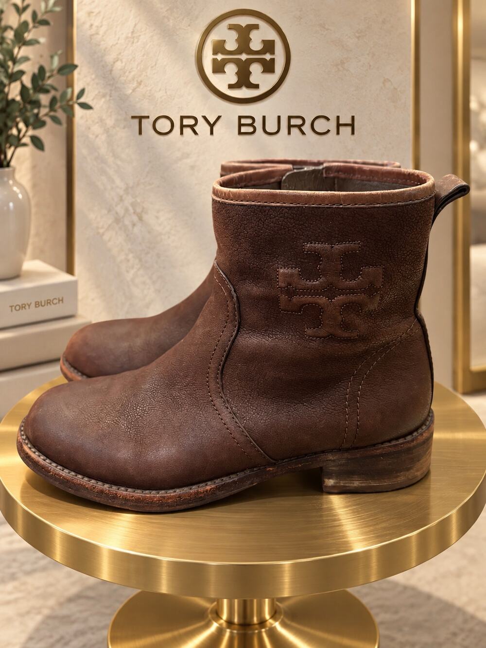 Tory Burch Simone Brown Leather Ankle Boots Stitched Logo Women’s Size 6.5M
